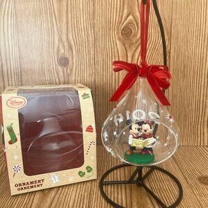 EUC Disney Store Glass Tear Drop “2014” Mickey and Minnie Caroling Ornament